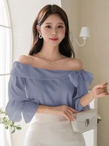 DAZY Blusa de mujer de unicolor con hombros descubiertos, lazo, volantes, manga larga, ropa de otoño, top lindo - Azul - Ver 6