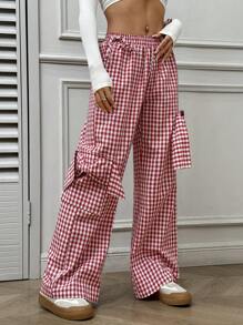 SHEIN EZwear 秋冬休闲腰带细节黑色宽松直筒裤 - 黑色 - 查看 4