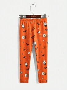 2 件套小女孩熊和南瓜图案长袖上衣和全身印花紧身裤万圣节服装