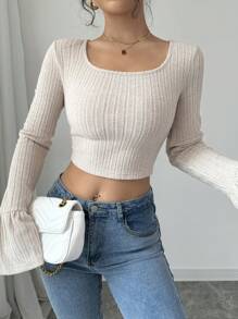 Calvaya Camiseta de mangas acampanadas con bajo vivo y unicolor para mujer, primavera y verano