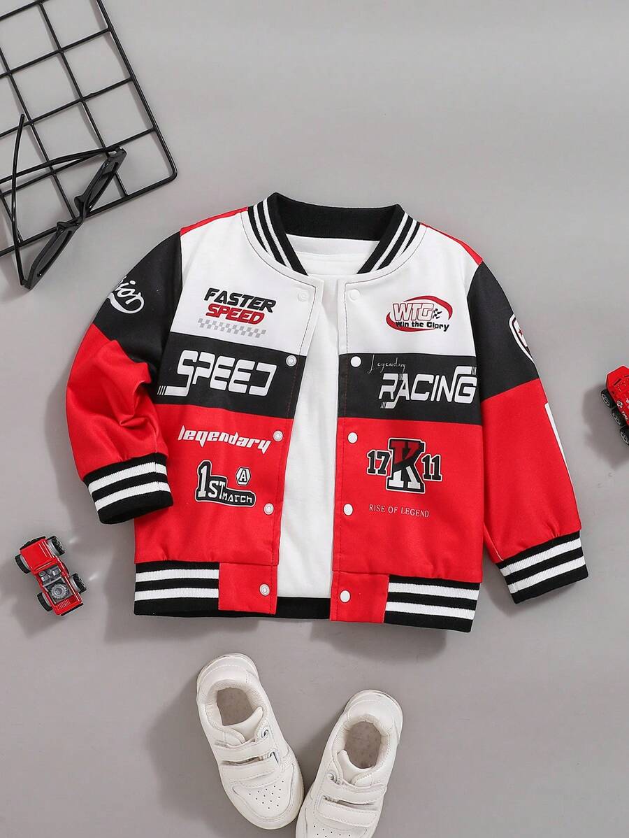 SHEIN Baby Boys Street Motocycle Style Contrast Color Splicing Letter Printed Stand Collar Motorcycle Jacket, Suitable For Autumn/Winter Outerwear - Red and White - View 1