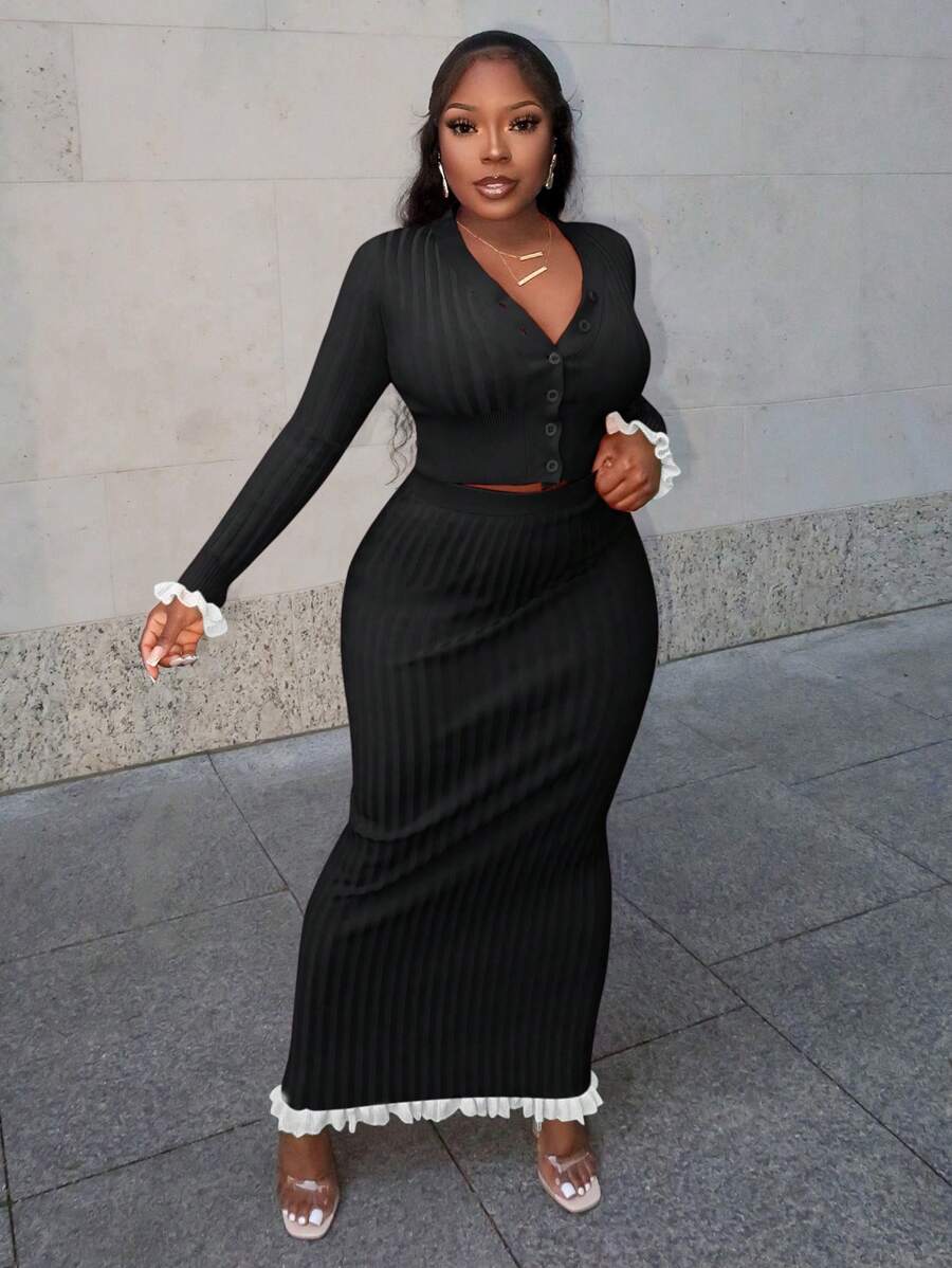 Slaydiva 秋冬休闲优雅V领长袖开襟截角微喇叭袖口上衣修身长裙绿边玫粉色罗纹针织针织女毛衣两件套-A