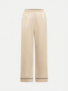 2 件套青少年女孩休闲优雅缎面短袖衬衫和裤子 - 杏色 - 查看 3