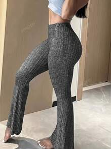 Women Solid Color Ribbed Slim Fit Flare Leggings