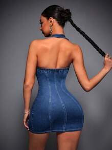 SHEIN ICON Women's Fashionable Backless Zip-Up Bodycon Denim Slip Dress - Medium Wash - View 3