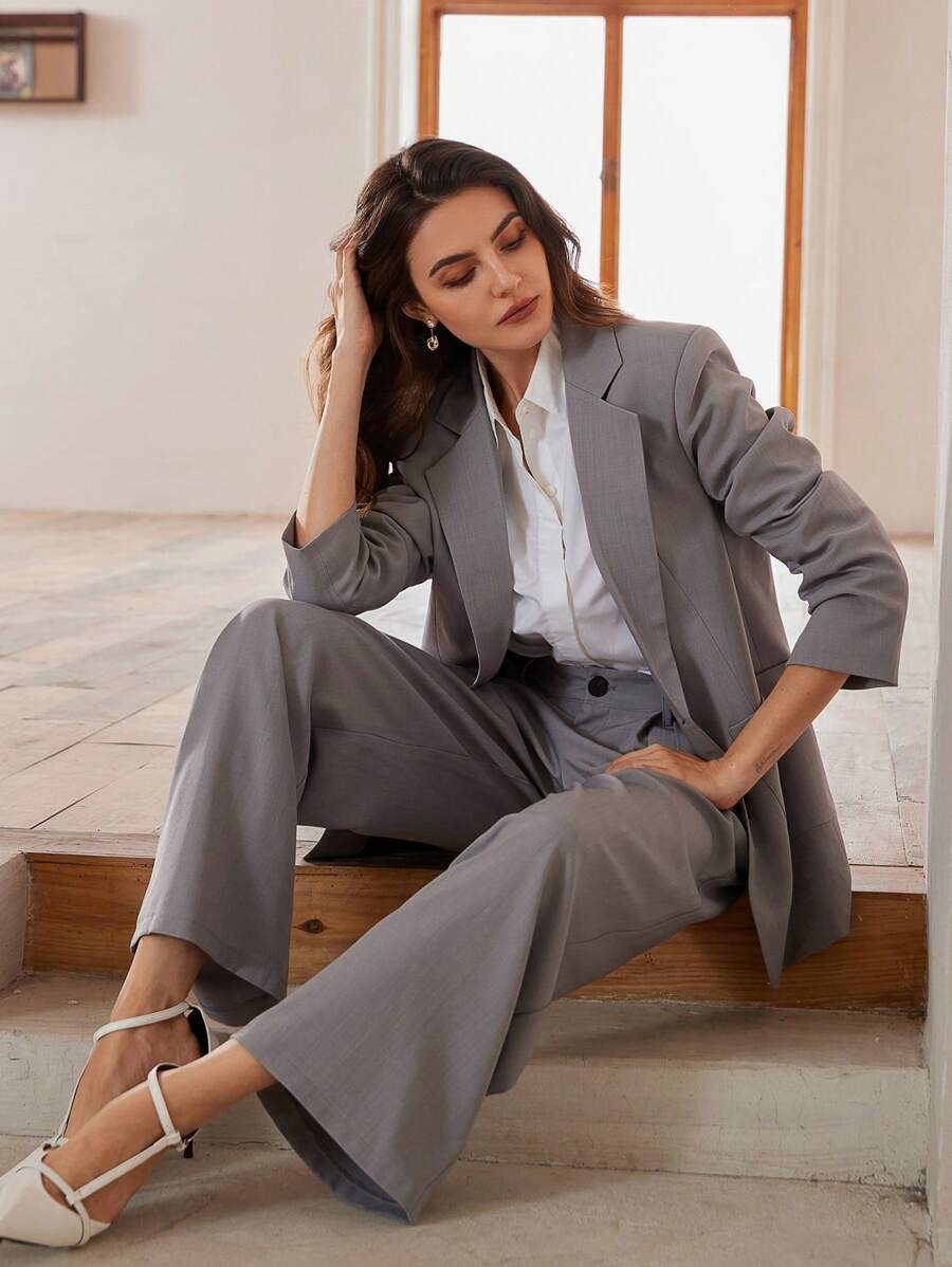 SHEIN Privé 不对称下摆西装套装，优雅的商务休闲教师工作服，秋季 - 淺灰色 - 查看 1