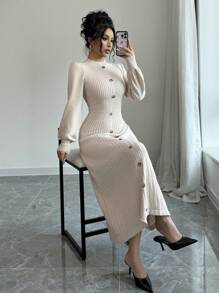 Elenzga Elegant Apricot Lantern Sleeve Waisted Long Sweater Dress, Spring/Autumn - Apricot - View 7