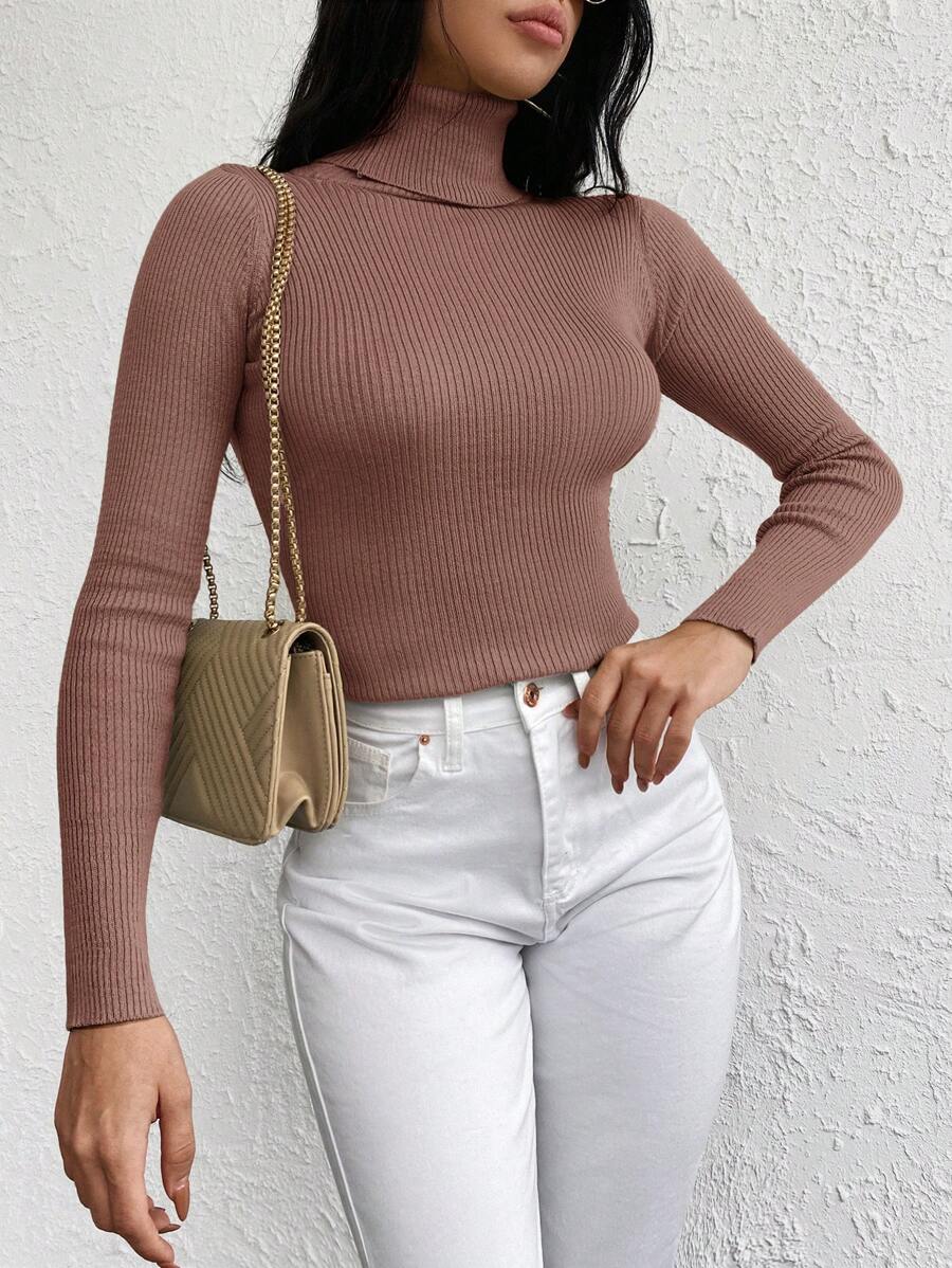 EURMUSE Solid Turtleneck Rib Knit Jumper - Pink - View 1