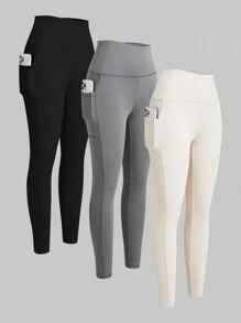 SHEIN EZwear Women Multicolor High Waist Skinny Leggings - Multicolor - View 2