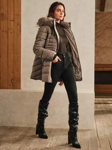 Anewsta Dames getailleerde taille taille middellange verwijderbare bontkraag & capuchon jas, Khaki