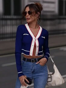 SHEIN Clasi Striped Trim Button Front Crop Cardigan - Royal Blue - View 5