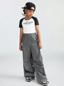 SHEIN Pantalones grises para niñas preadolescentes - Ropa de vuelta al colegio, a juego con mamá, estilo Kpop y Y2K, pantalones cargo de pernera ancha a cuadros, para disfraz de fútbol/voleibol, Acción de Gracias, Halloween, Navidad, primavera/otoño/invierno - Gris - Ver 3