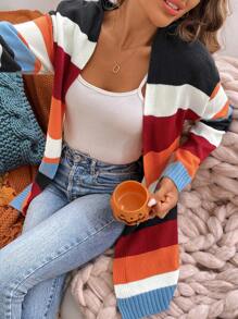 SHEIN LUNE Autumn/Winter Fashion Women's Striped Color Block Cardigan Sweater, Orange Sweater - Multicolor - View 4