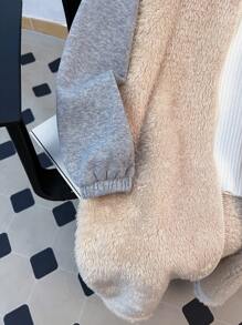 Abrigo con capucha de felpa esponjosa de color block, chaqueta de forro polar abrigada y suave para niñas preadolescentes, para otoño/invierno