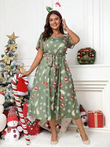 SHEIN LUNE Plus Size Feminino Verão Neve Floral Estampa Gola Quadrada Manga Curta Maxi Vestido Casual - Verde - Ver 7