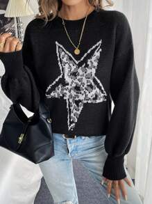 SHEIN LUNE Áo len nữ dáng rộng đơn giản, áo chui đầu dệt kim mùa thu đông. - màu đen - Xem 5