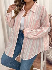 SHEIN VCAY 大码条纹印花长袖休闲衬衫 - 粉色 - 查看 4