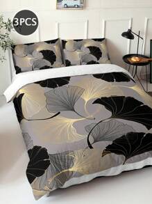 3 Stücke Set mit Ginkgo-Blatt-Muster, 100% Polyester, atmungsaktiver Stoff, maschinenwaschbar, Digitaldruck, geeignet für alle Jahreszeiten, beinhaltet 2 Kissenbezüge (Kissenfüllung nicht enthalten), elegante Heimdekoration - Verschiedenfarbig - Übersicht 1