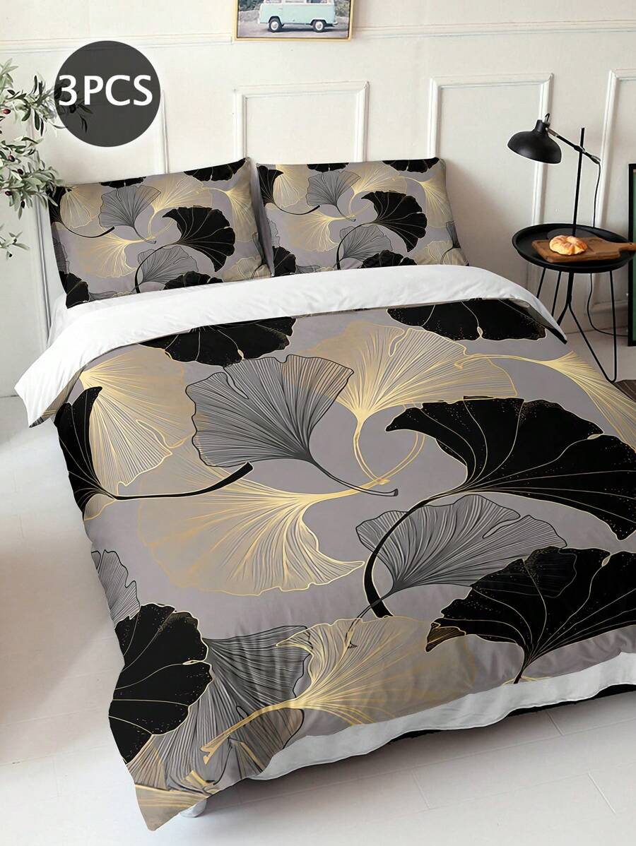 3 Stücke Set mit Ginkgo-Blatt-Muster, 100% Polyester, atmungsaktiver Stoff, maschinenwaschbar, Digitaldruck, geeignet für alle Jahreszeiten, beinhaltet 2 Kissenbezüge (Kissenfüllung nicht enthalten), elegante Heimdekoration - Verschiedenfarbig - Übersicht 1