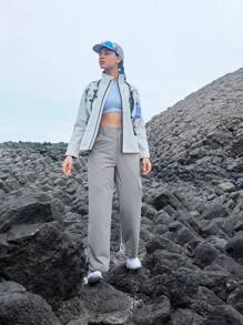 In My Nature 女士字母印花口袋直筒宽松休闲户外裤 - 灰色 - 查看 6