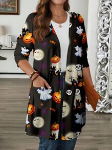 EMERY ROSE Plus Size Women's Casual Ghost Pumpkin Moon Print Loose Long Sleeve Cardigan Jacket, Suitable For Autumn And Summer