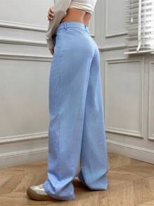 SHEIN EZwear 蓝白条纹宽松直筒裤 秋冬 - 藍白色 - 查看 2