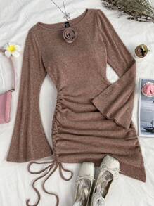 Soleia Vestido mini entallado con dobladillo asimétrico, manga de globo con volantes, decoración floral de punto de textura color caramelo, cordón lateral, uso de vacaciones, otoño