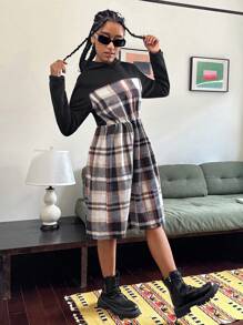 SHEIN 少女优雅纯色格子复古时尚长袖短款连帽连衣裙 - 彩色 - 查看 7