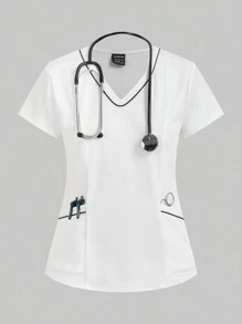 TaskEZ 2 件套女式护士制服手术服套装，包括 2 个口袋现代 V 领束腰上衣和 2 个口袋弹性腰带终极瑜伽慢跑裤 - 白色 - 查看 3