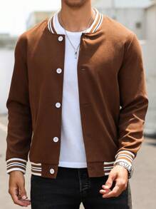 Manfinity Homme Men's Baseball Collar Button Long Sleeve Striped Design Slim Fit Street Style Jacket - Coffee Brown - View 3