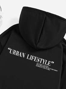SHEIN 少女休闲“都市生活”标语印花连帽卫衣，加厚长袖卫衣，适合秋冬季穿着 - 黑色 - 查看 3