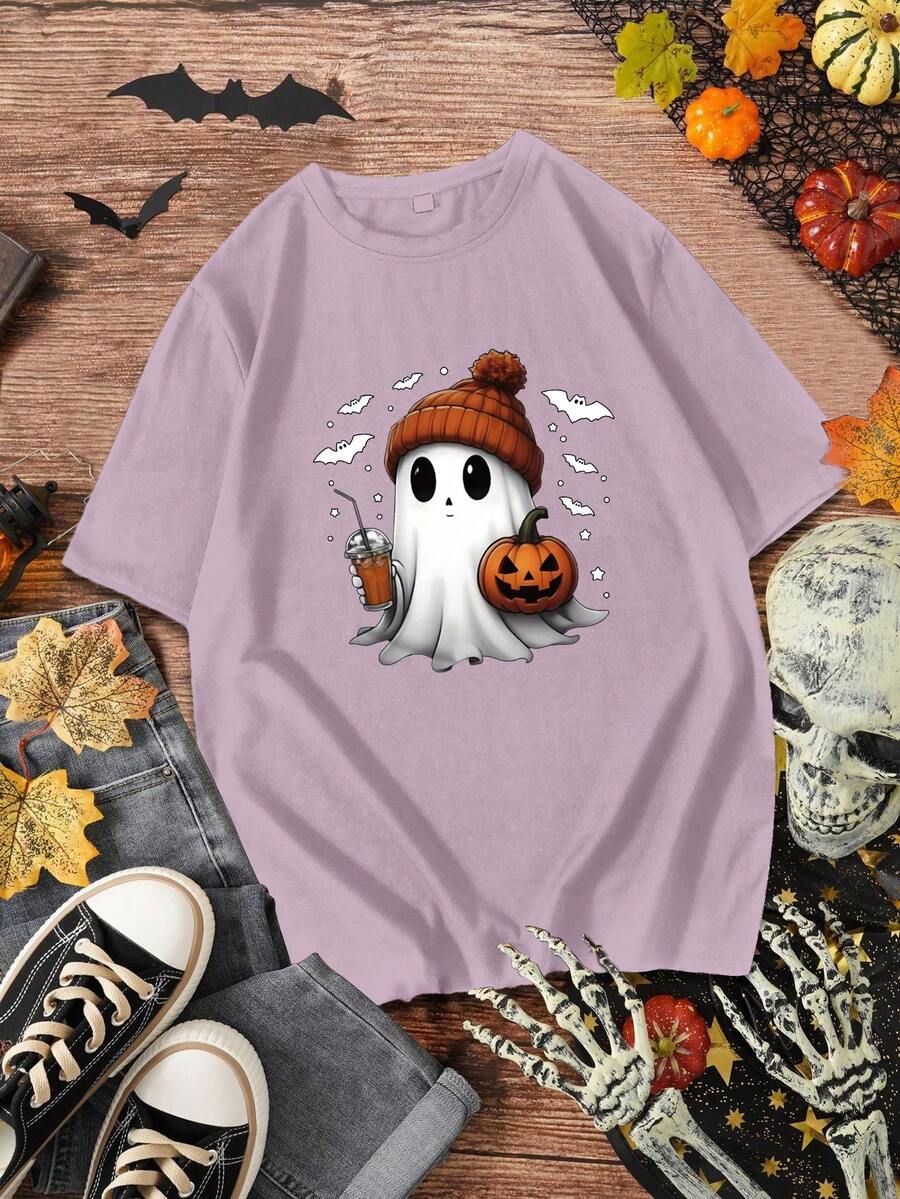 Manfinity Roghcode Áo thun nam cổ tròn tay ngắn in hình quả bí ngô thường ngày, mùa hè - Màu tím hoa cà - Xem 1