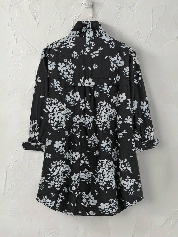 Chemise à manches longues noire grande taille à imprimé floral, chemise décontractée, vêtements pour femmes en automne