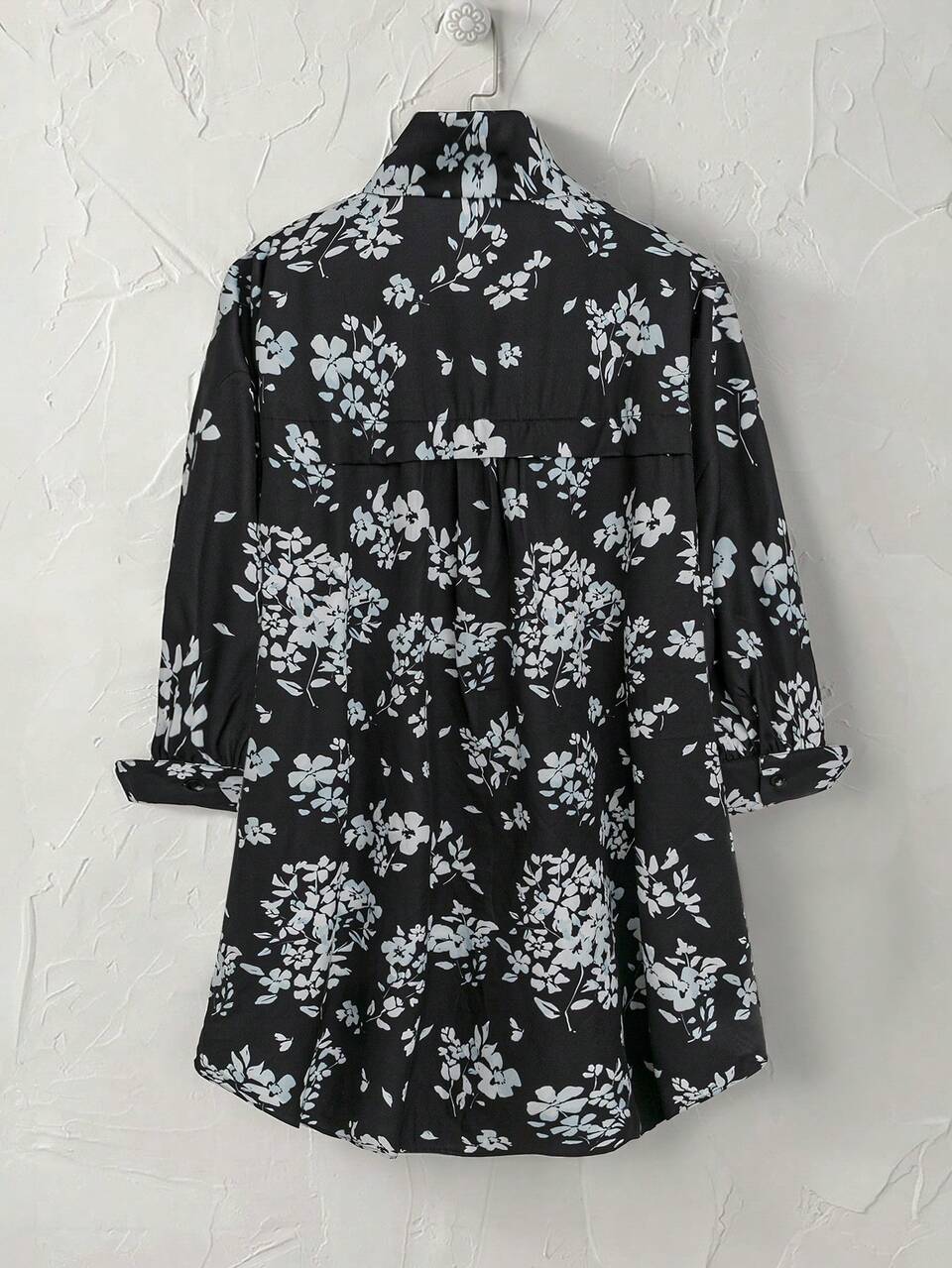 Plus Size Black Long Sleeve Shirt Floral Print Casual Shirt,Fall Women Clothes