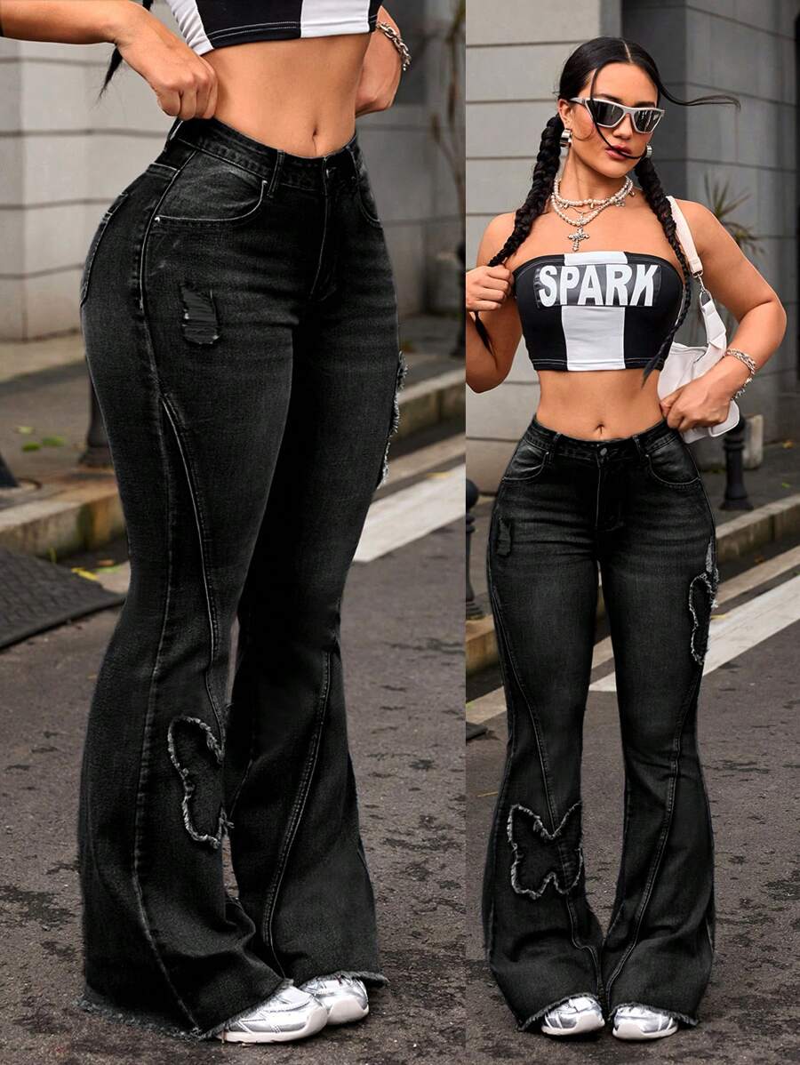 SHEIN EZwear Quần Jeans Ống Loe Họa Tiết Bướm Thường Ngày Cho Nữ - màu đen - Xem 1