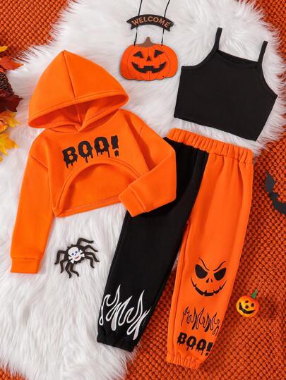 SHEIN Young Girl Spring/Autumn Letter Print Long Sleeve Hoodie Sweatshirt, Camisole And Sweatpants Casual Outfit