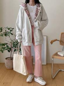 DAZY Women's Loose Plaid Patchwork Lined Hoodie Sweatshirt,Fall Women Clothes Jacket Zip Up - Grey - View 3
