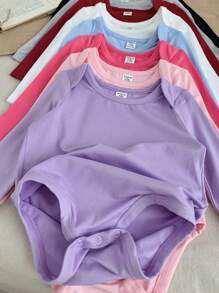 SHEIN LMoss Kids LMoss 8件套女婴休闲纯色弹力针织长袖连体衣，适合居家和外出穿着