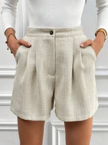 Chiquease 腰部束腰純色短褲，配有口袋和單排扣閉合設計，能讓您顯瘦 - 卡其色 - 查看 1