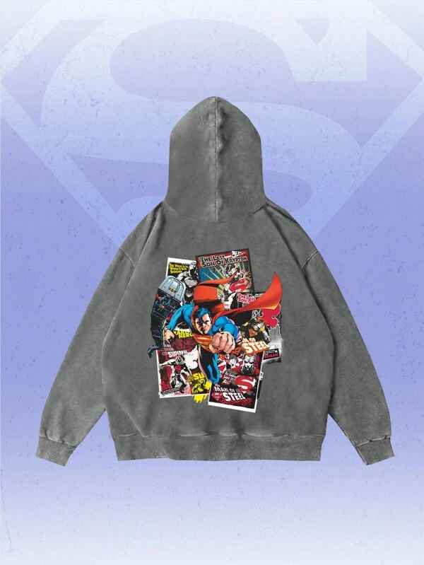 ROMWE MEN SUPERMAN X ROMWE メンズ シンプル グラフィック プリント ジップアップ パーカー