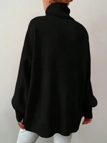 EURMUSE 女士休闲纯色高领宽松毛衣，秋冬 - 黑色 - 查看 2
