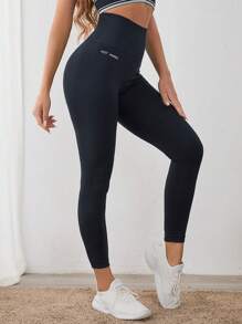 Gameset SHEIN Sport Quần legging thể thao liền mạch thoáng khí họa tiết chữ dành cho nữ tập yoga - màu đen - Xem 5