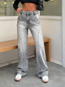 RueChic 100% 纯棉女式直筒宽松牛仔灰色牛仔裤 - 黑色 - 查看 6