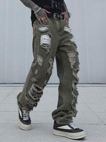 Manfinity EMRG Men's Casual Distressed Straight Leg Denim Jeans - Olive Green - View 5