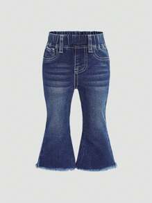 SHEIN Baby Girl Vintage Blue Denim Flare Leg Pants With Cross Embroidery Detail