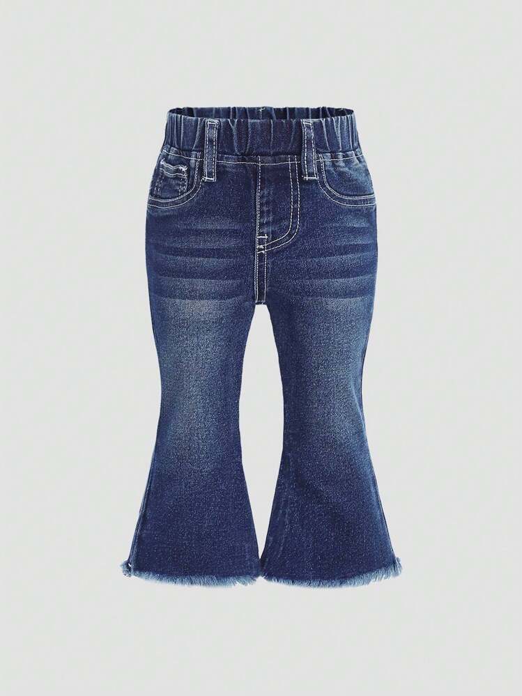 SHEIN 女婴复古蓝色牛仔喇叭裤，带十字刺绣细节 - 深色水洗藍 - 查看 2