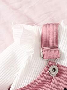 2pcs/Set Baby Girls Spring Summer Solid Color Round Neck Long Sleeve Ruffle Splice Top & Letter Print Suspender Skirt Casual Outfit