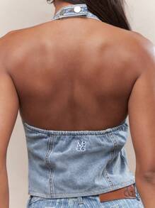 MISSGUIDED Zip Closure Scoop Halter Neck Backless Denim Vest Top - Blue - View 4