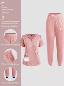 TaskEZ 2pcs Women Nurse Uniform Set, Including V-Neck Scrub Top With 2 Pockets And Elastic Waist Yoga Jogger Pants With 2 Pockets - Pink - View 3