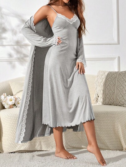Long Sleeve Kanten Robe Spaghetti Strap Elegante Sleep Dress Pajama Set, Fall Clothes Cozy view 5
